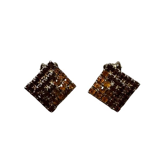Vintage Dual Orange Brown Rhinestone Clip On Earrings - Picture 1 of 5